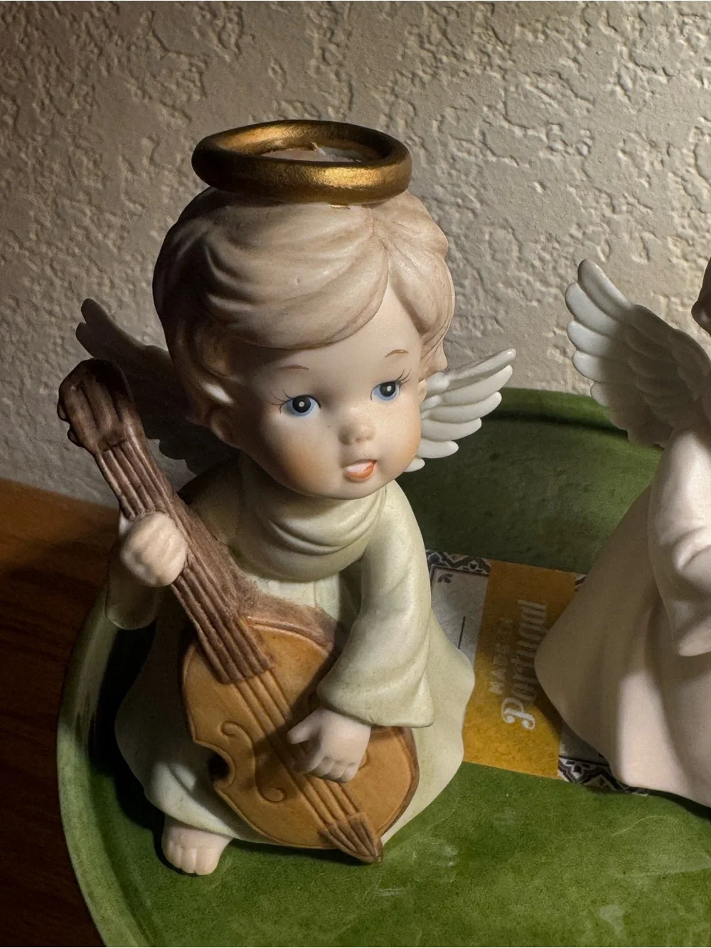 Lefton Pair of Ceramic Angel Figurines with Gold Halos - Cream and Green Accent